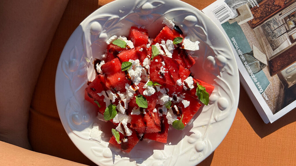 Balsamic & Feta Watermelon Salad served in a bowl.