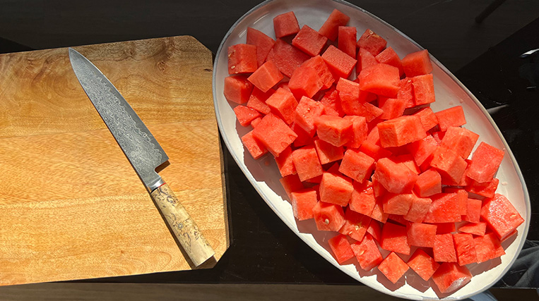 Cubbed watermelon on a platter.