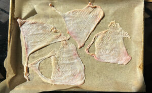 Raw chicken skin on a lined baking sheet.