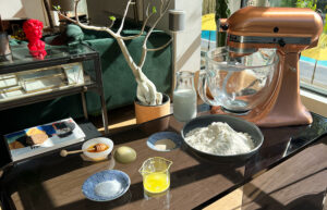 Ingredients for the soft dinner roll recipe - flour, butter, milk, honey, eggs, salt, yeast.