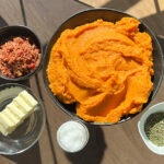 Sweet potato mash, butter, Finishing Salt, rosemary, and bacon.